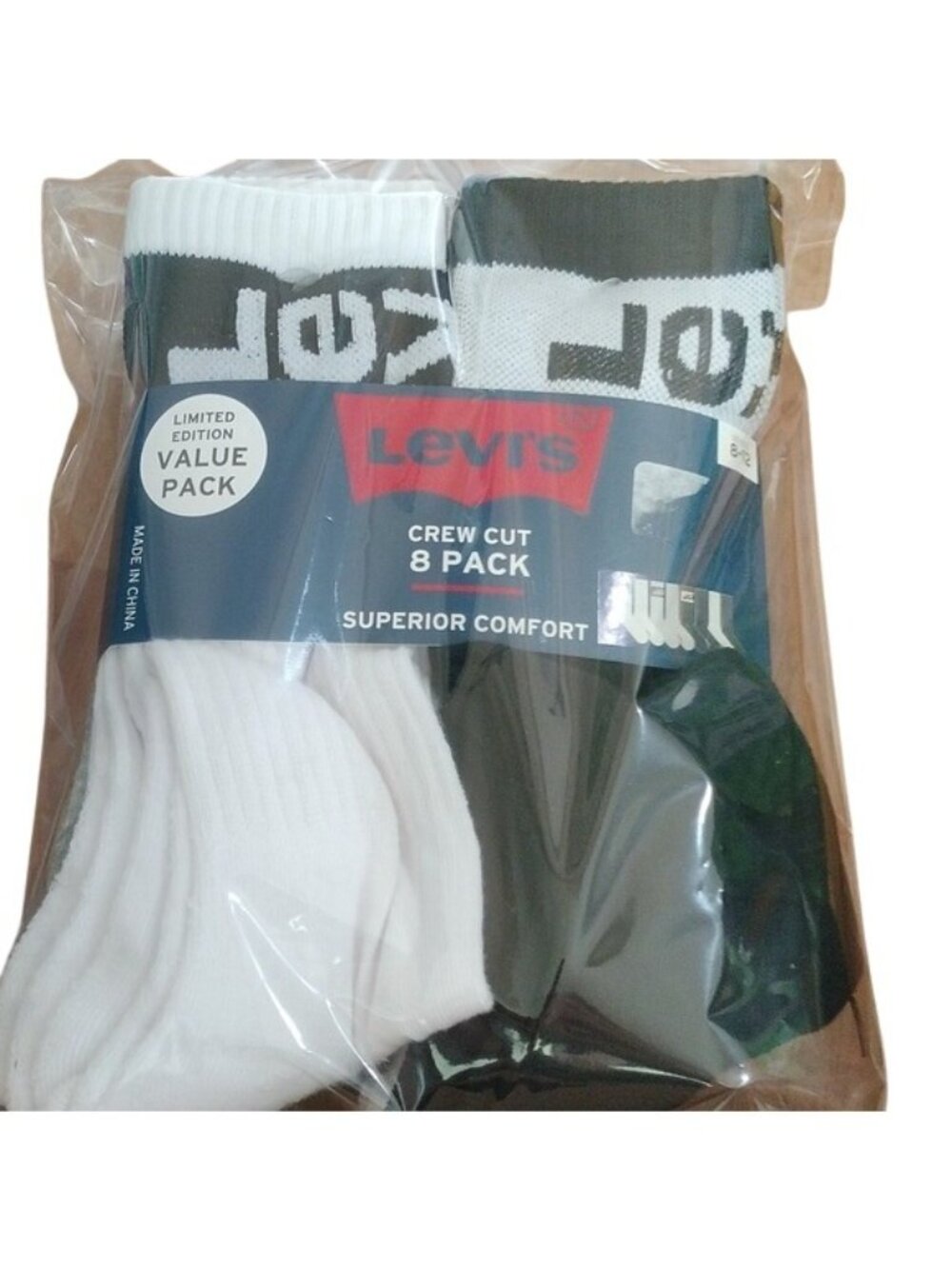 Levi's White/Black/Grey Crew Cut socks, 8 pairs